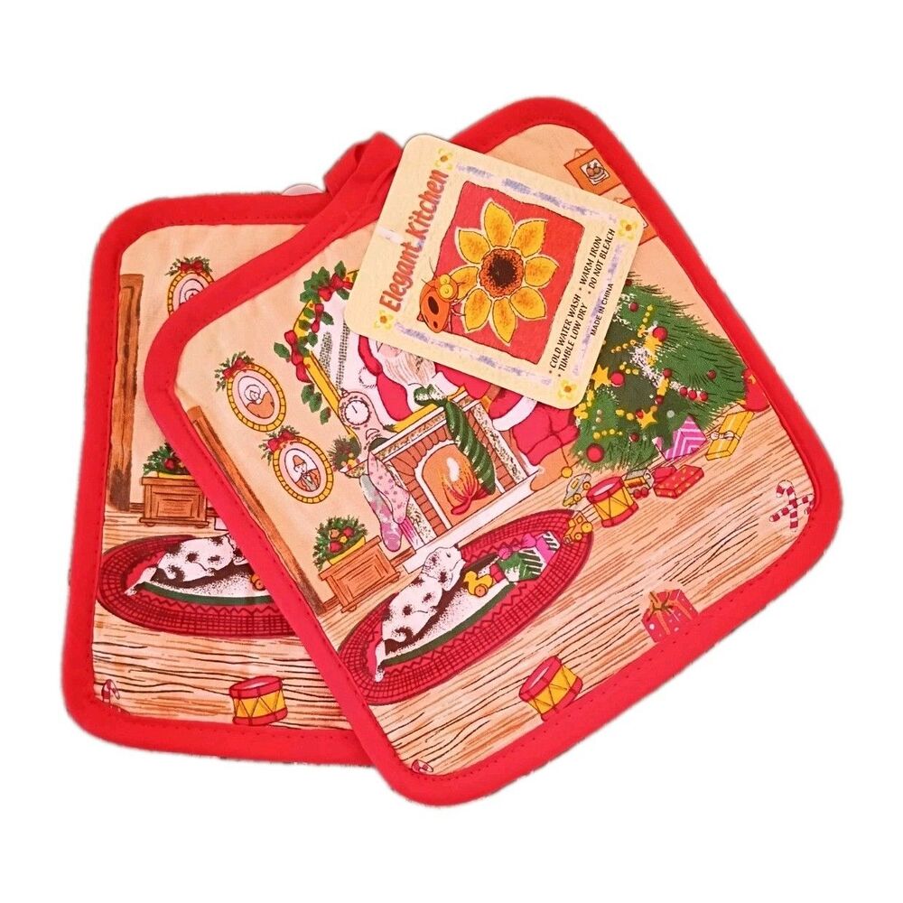 Elegant Kitchen 2pc Santa Christmas Delivery Red Quilted Hot Pot Oven Holder